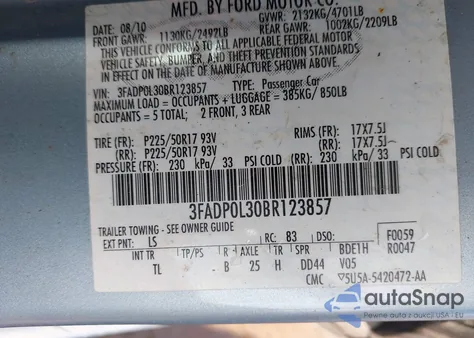 2011 Ford Fusion Hybrid from USA, damaged, VIN 3FADP0L30BR123857